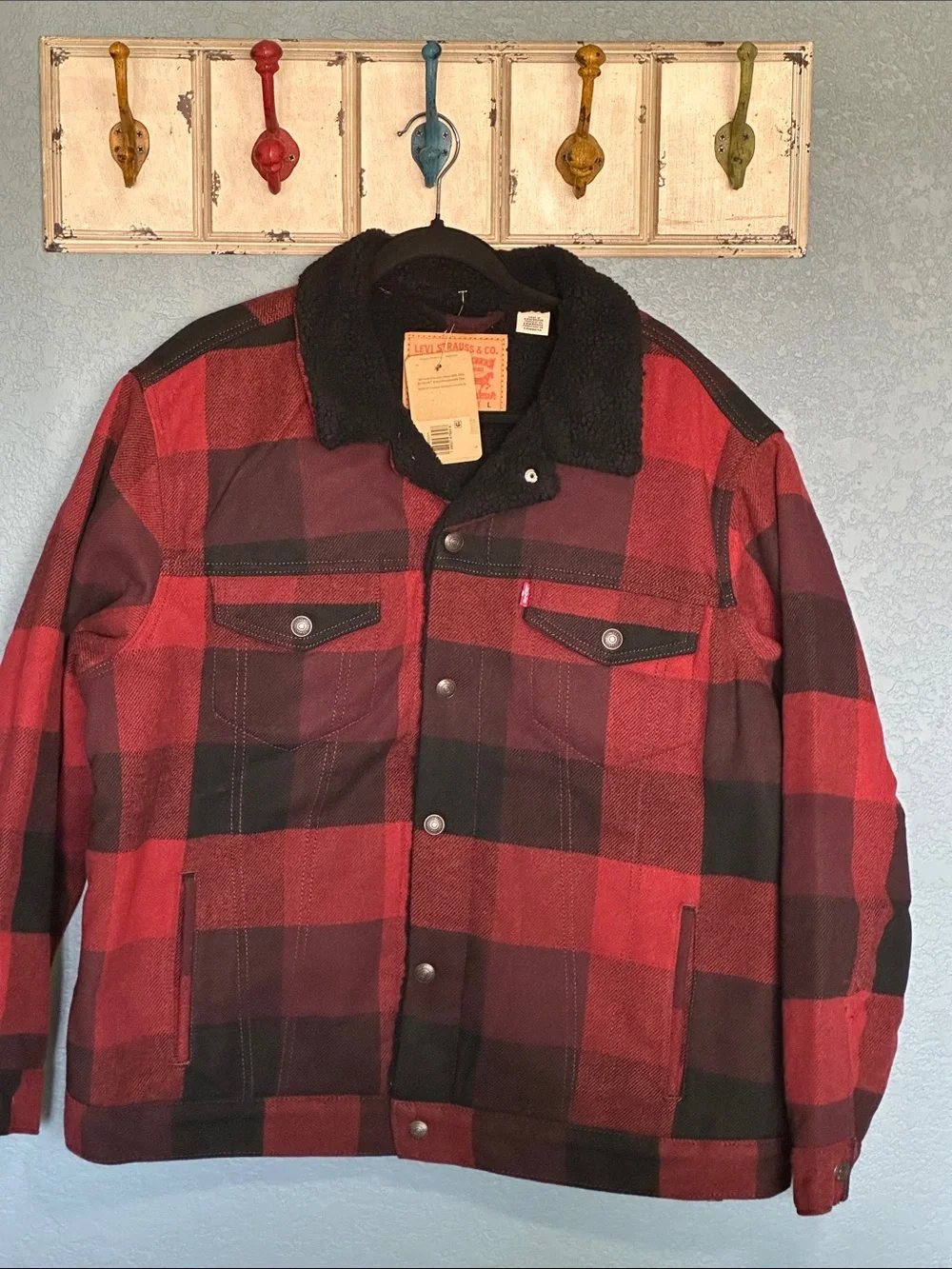 Levi's Red and Black Plaid Sherpa Collar Field Jacket